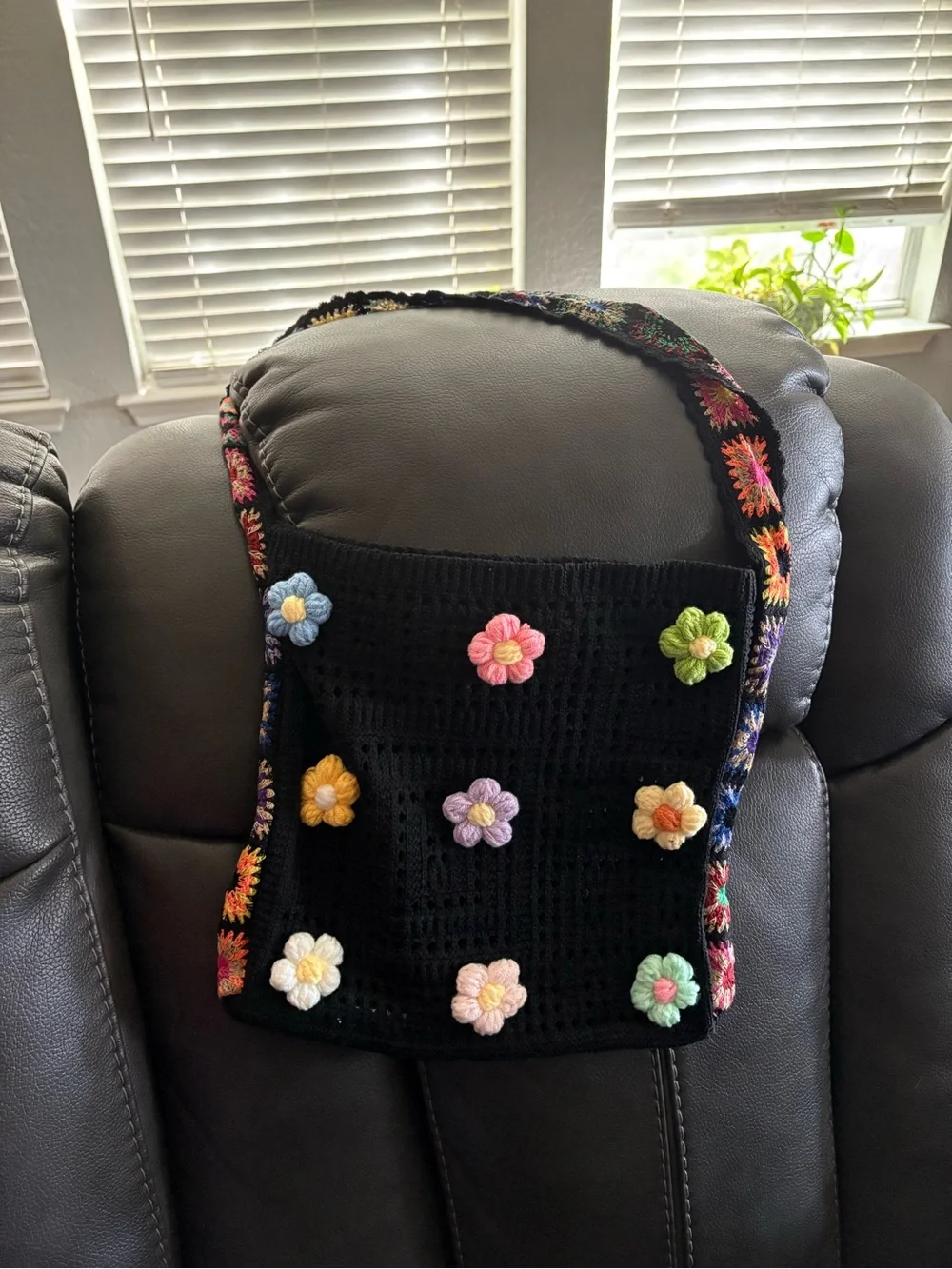 Black Crochet Shoulder Bag with Multicolor Flower Appliqués